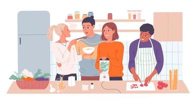 Group of friends cook a meal together vector