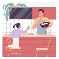 Father cooks a meal and his little daughter wants to join him. vector