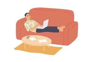 Man lying on the sofa with laptop vector