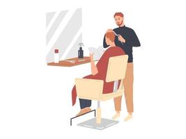 Hairstylist serving male client at barber shop. vector