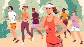 People running through the park. A group of young men and women jogging outdoors. vector