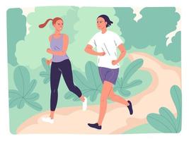 Couple running through the park. A group of young people jogging outdoors. vector