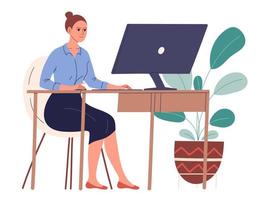 Woman sits at her desk in her workplace and works. vector