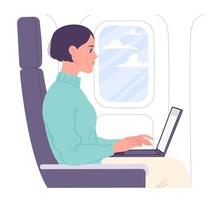 Woman working on laptop in flight cabin. vector