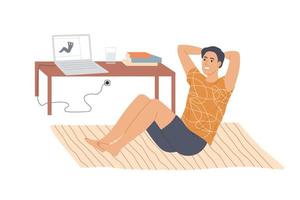 Man doing situps abs crunches at home. vector