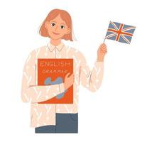 una estudiante sostiene un libro y una bandera inglesa. es hablante nativa o aprende inglés vector