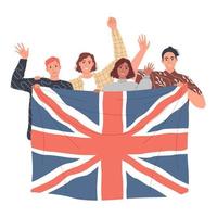 Group of people are holding the British flag. Learn English. vector