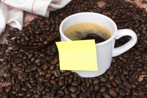 Yellow sticky note on a cup of coffee and coffee beans background. photo