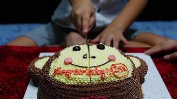 kind is vrolijk taart aan het snijden op zijn verjaardagsfeestje video
