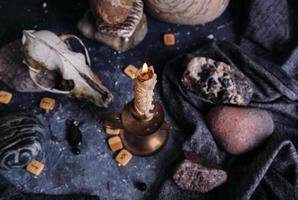 Old dog skull, burning candle, wooden runes and stones on the witch table. photo