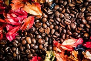 The background image is made of coffee beans decorated with flowers. background concept for coffee shop photo