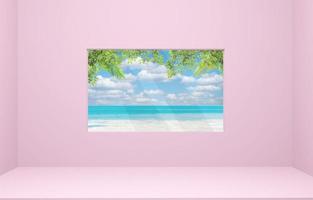 Pink room with window with beautiful view. Abstract concept, imagination, tourism. photo