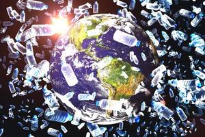 The concept of plastic waste overflowing the world. A globe with only plastic waste plastic water bottle photo