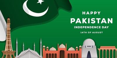 gradient pakistan independence day with pakistan landmark and pakistani flag vector