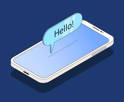 Illustration with smartphone and message . Sample text Hello. White smartphone vector