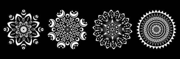 Set of white mandalas on a black background. Round pattern, floral ornament. Beautiful symmetrical element. Antistress, relaxation vector