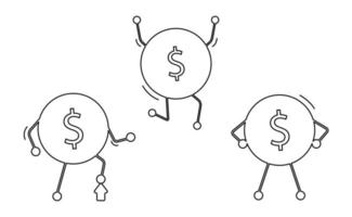 Set of dollar coins with legs and hands, like a human. The concept of a successful business. Contour black icon on white vector