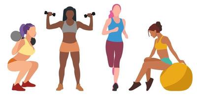 una colección de cuatro mujeres diferentes se dedican a los deportes. gimnasia, carrera, levantamiento de pesas, fitness. vida saludable vector