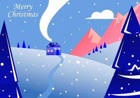 Winter landscape with christmas trees, house and mountains. Snowy weather. Christmas greeting card, poster vector