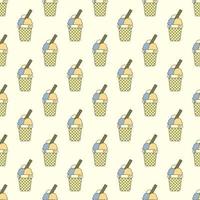 Seamless pattern with colorful ice cream balls and a straw in a waffle cup on a beige background. The concept of sweets, delicious food, cafe, walks vector