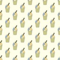 Seamless pattern with colorful ice cream balls and a straw in a waffle cup on a beige background. The concept of sweets, delicious food, cafe, walks vector