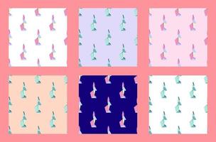 Set of seamless patterns with figures of multicolored origami rabbits. Vector illustration