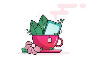 Pink tea cup with saucer, natural decorative elements - flowers and leaves. The cup contains a vibrating smartphone. Beautiful illustration, icon on white background vector