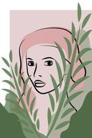 A simple silhouette of a woman with full lips. Black line on pink background with green leaves. Portrait line art minimalistic style. vector