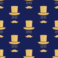 patrón impecable con un elegante caballero con sombrero de copa, gafas y bigote. colores azul oscuro y dorado de moda