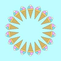 Round frame of cones with ice cream balls of different colors on a blue background vector