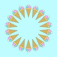 Round frame of cones with ice cream balls of different colors on a blue background vector