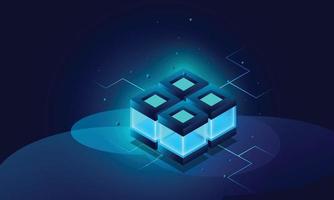 Vector realistic 3d cubes with blue glowing on dark blue background. lock chain of abstract
