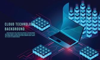 Laptop analysis processing. cloud services concept, file backup and saving, copy of file structure isometric vector , Database.