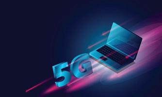 procesamiento de análisis de portátiles. Concepto de velocidad 5g, vector isométrico de estructura, base de datos.