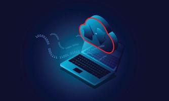 Laptop analysis processing. cloud services concept, file backup and saving, copy of file structure isometric vector , Database.