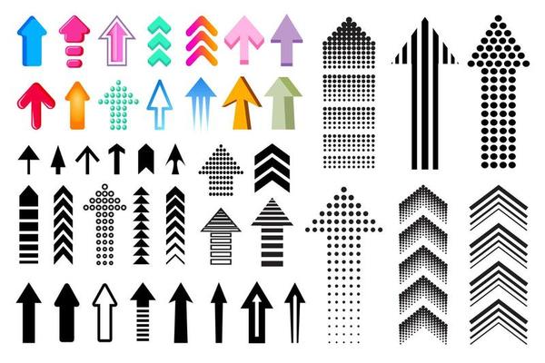 Up direction arrow set. Collection of black and colorful arrows isolated on white background. Arrows up vector illustration