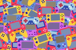 Seamless, repeating pattern with game devices. Yellow, red, blue, purple handheld consoles and remote, wireless video game controllers, colorful seamless pattern. vector