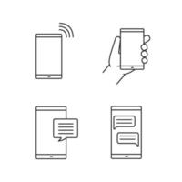 Phone communication linear icons set. Chatting, sms, smartphone in hand, calling phone. Thin line contour symbols. Isolated vector outline illustrations
