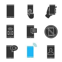 Phone communication glyph icons set. Smartphone, touchscreen, hand with phone, sms, chat, smartphone prohibition, video call, incoming call, user. Silhouette symbols. Vector isolated illustration