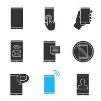 conjunto de iconos de glifo de comunicación telefónica. smartphone, pantalla táctil, mano con teléfono, sms, chat, prohibición de smartphone, videollamada, llamada entrante, usuario. símbolos de silueta. ilustración vectorial aislada vector