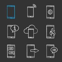 Phone communication chalk icons set. Smartphone, incoming call, settings, info chat, cloud storage, emergency, sms, data transfer, message. Isolated vector chalkboard illustrations