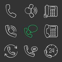 Phone communication chalk icons set. Handset, incoming call, landline phone, voice message, call back, hotline. Isolated vector chalkboard illustrations