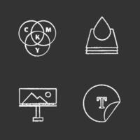 Printing chalk icons set. Polygraphy and typography. CMYK color circle model, paint drop and paper, billboard, round sticker. Isolated vector chalkboard illustrations