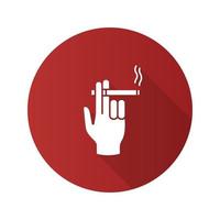 Hand holding burning cigarette flat design long shadow glyph icon. Smoker's hand. Vector silhouette illustration
