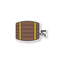 Alcohol wooden barrel patch. Bar and pub sign. Whiskey, beer or rum barrel with tap. Color sticker. Vector isolated illustration