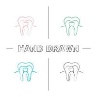 Tooth anatomical structure hand drawn icons set. Tooth root and crown. Dentin, enamel, pulp. Stomatology color brush stroke. Isolated vector sketchy illustrations