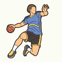 caricatura, balonmano, deporte, jugador, saltar, acción vector