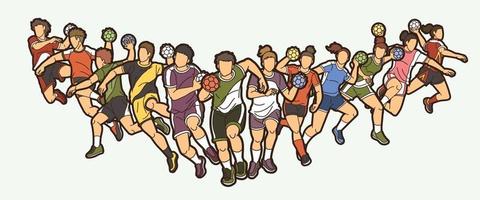 grupo de jugadores de balonmano masculino y femenino mezcla acción dibujos animados deporte gráfico vector