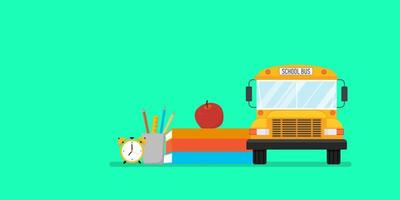 School bus with books, alarm, apple, and pencils. Back-to-school concept. Vector banner, copy space