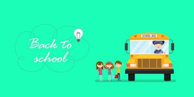 School bus with driver and children. Back-to-school vector banner